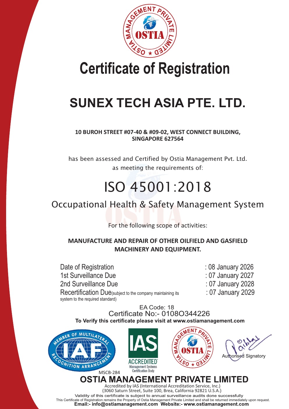 Ostia Management ISO 45001:2018 certificate of registration number 0108O344226 issued to SunEx Tech Asia Pte Ltd